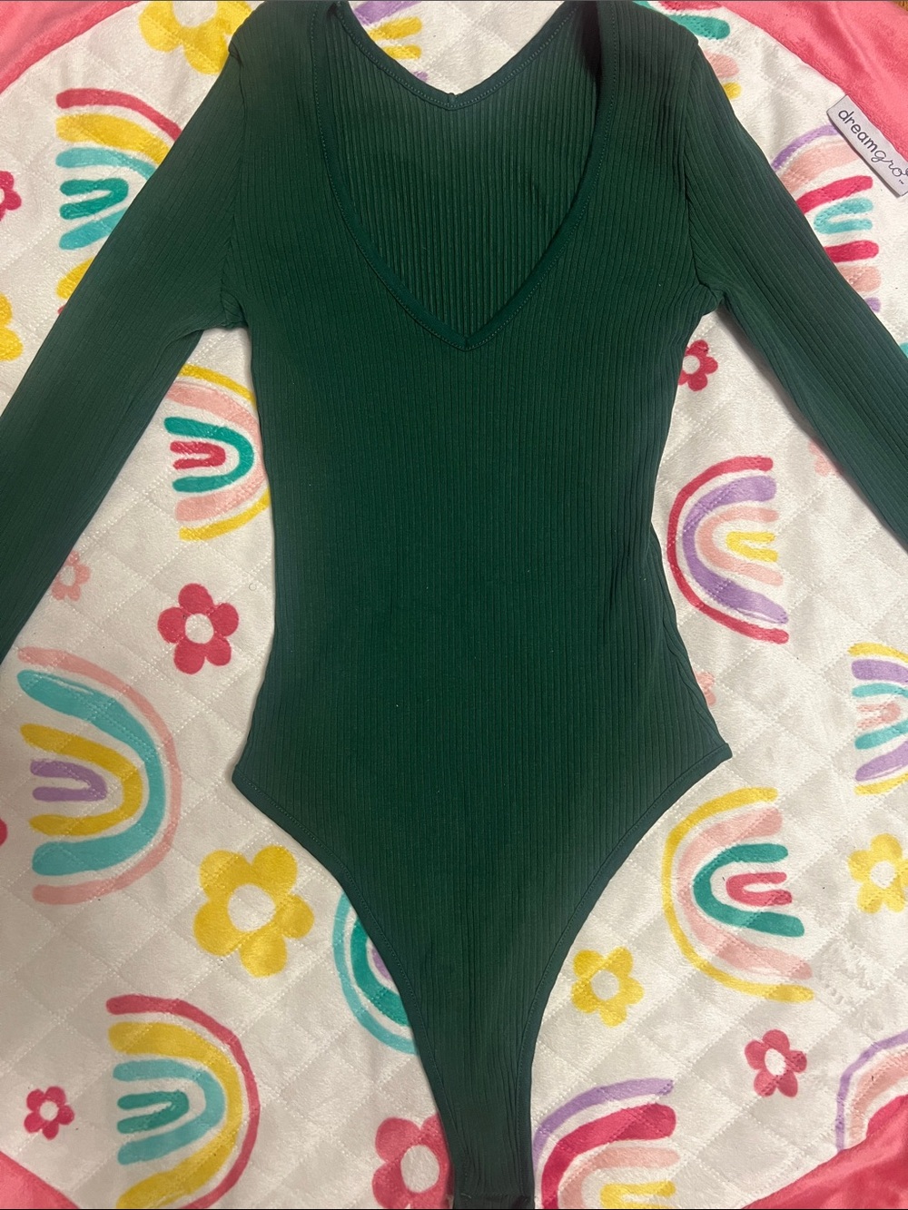 Long Sleeve V-Neck Ribbed Bodysuit - Dark Green
